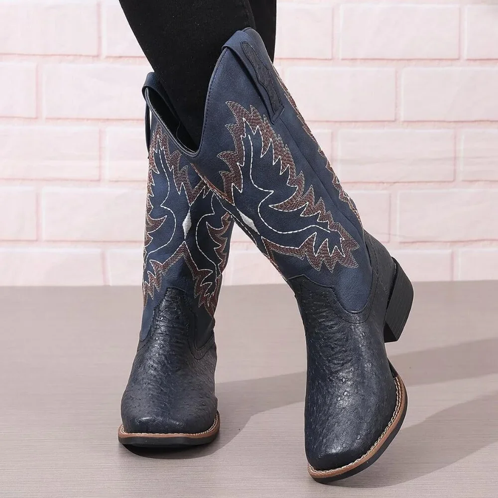 Women Blue Western Cowboy Boots for  Mid Calf Cowgirl Boot Snip Toe Chunky Heel